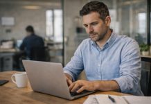 Trabajador en oficina escribiendo
