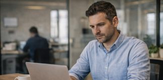 Trabajador en oficina escribiendo
