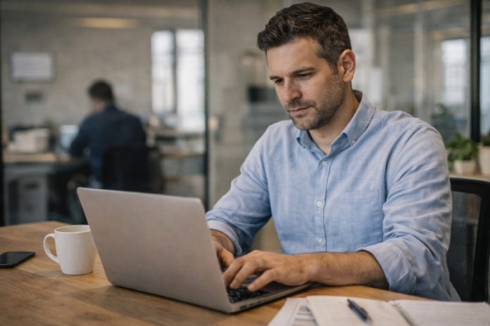 ChatGPT Image 12 mar 2026, 11_08_17 a.m. Trabajador en oficina escribiendo