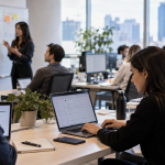 Equipo de trabajo revisando un flujo de inteligencia artificial conectado a herramientas empresariales