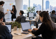 Equipo de trabajo revisando un flujo de inteligencia artificial conectado a herramientas empresariales
