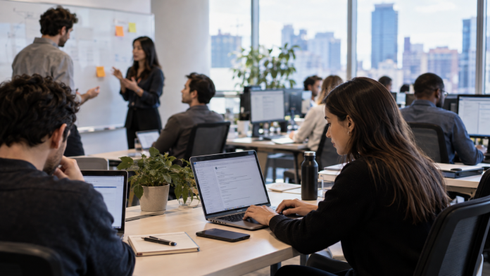 Equipo de trabajo revisando un flujo de inteligencia artificial conectado a herramientas empresariales