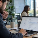 Ejecutiva revisando correos priorizados y tareas comerciales en una bandeja de entrada digital