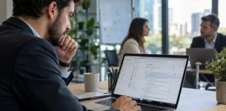 Ejecutiva revisando correos priorizados y tareas comerciales en una bandeja de entrada digital