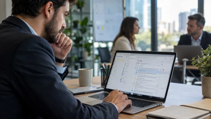 AI Inbox de Gmail: cómo ordenar el seguimiento comercial sin perder trazabilidad Ejecutiva revisando correos priorizados y tareas comerciales en una bandeja de entrada digital