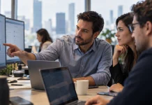 Equipo comercial revisando automatizaciones con inteligencia artificial y métricas de eficiencia