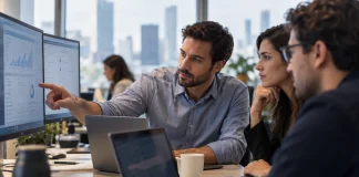 Equipo comercial revisando automatizaciones con inteligencia artificial y métricas de eficiencia