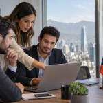 Equipo de marketing latinoamericano analizando una campaña conversacional con inteligencia artificial en una pantalla