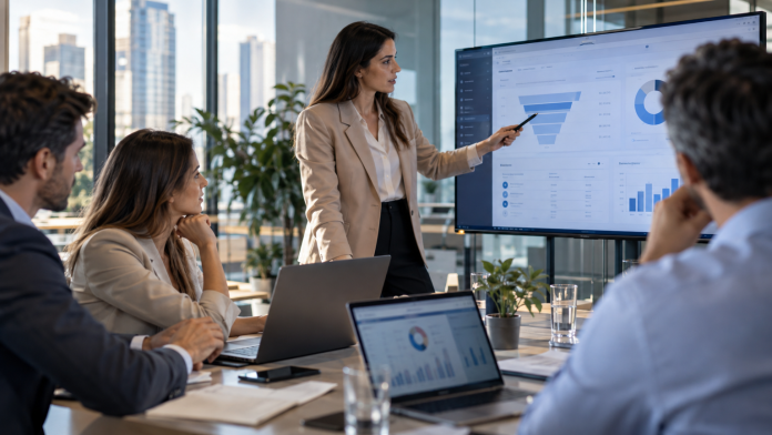 Equipo comercial revisando un CRM con automatizaciones e inteligencia artificial en una pantalla