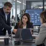 Equipo comercial revisando un panel de automatización con controles de permisos, trazabilidad y gobernanza de IA