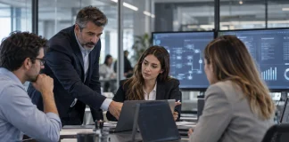 Equipo comercial revisando un panel de automatización con controles de permisos, trazabilidad y gobernanza de IA
