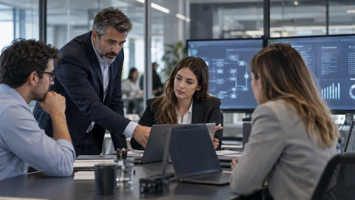 Equipo comercial revisando un panel de automatización con controles de permisos, trazabilidad y gobernanza de IA