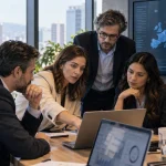 Equipo de una pyme revisando un flujo de IA agéntica conectado a ventas y atención al cliente