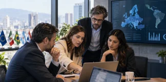 Equipo de una pyme revisando un flujo de IA agéntica conectado a ventas y atención al cliente