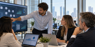 Equipo de operaciones revisando datos y flujos automatizados con inteligencia artificial en una oficina