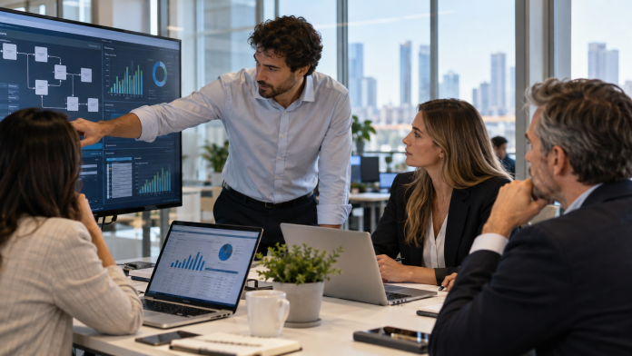 IA, datos y procesos: cómo automatizar operaciones sin perder gobernanza Equipo de operaciones revisando datos y flujos automatizados con inteligencia artificial en una oficina