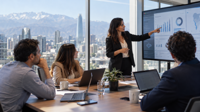 IA en empresas chilenas: alta adopción, pero solo 8% logra escalarla transversalmente Equipo comercial revisando métricas y automatizaciones de inteligencia artificial en una plataforma de gestión de clientes.