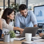 Equipo de una pequeña empresa usando inteligencia artificial para gestionar marketing, ventas y atención al cliente