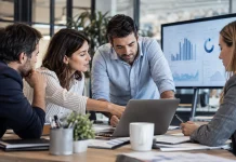 Equipo de una pequeña empresa usando inteligencia artificial para gestionar marketing, ventas y atención al cliente