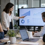 Equipo de una pyme analizando clientes, ventas y automatizaciones con inteligencia artificial en una pantalla