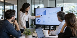 Equipo de una pyme analizando clientes, ventas y automatizaciones con inteligencia artificial en una pantalla