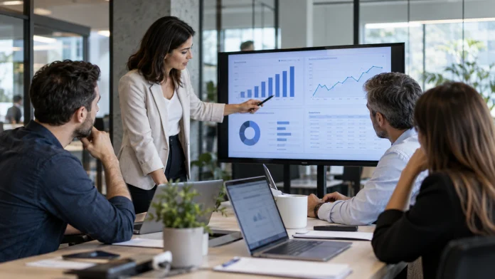 IA en pymes: cómo transformar la adopción en ventas medibles Equipo de una pyme analizando clientes, ventas y automatizaciones con inteligencia artificial en una pantalla