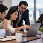 ILIA 2026: la brecha de adopción de IA que las pymes de Latinoamérica deben cerrar Equipo de una pyme latinoamericana revisando métricas comerciales y automatizaciones con inteligencia artificial
