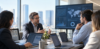 Equipo empresarial revisando un panel de inteligencia artificial con controles de seguridad y datos protegidos en la nube