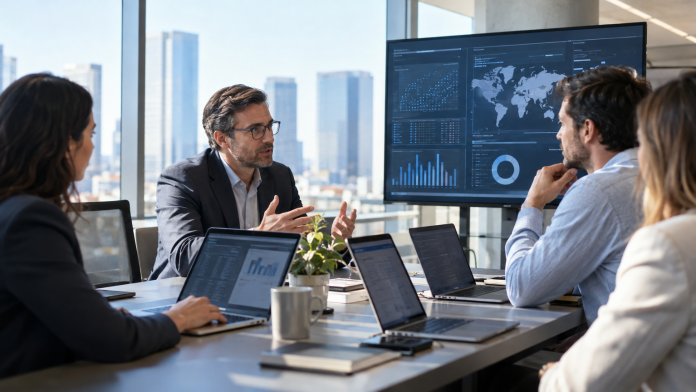Equipo empresarial revisando un panel de inteligencia artificial con controles de seguridad y datos protegidos en la nube