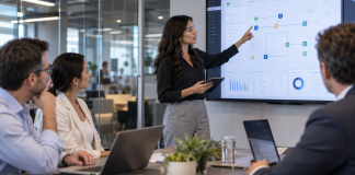 Equipo empresarial revisando un flujo de trabajo con inteligencia artificial, permisos y datos conectados