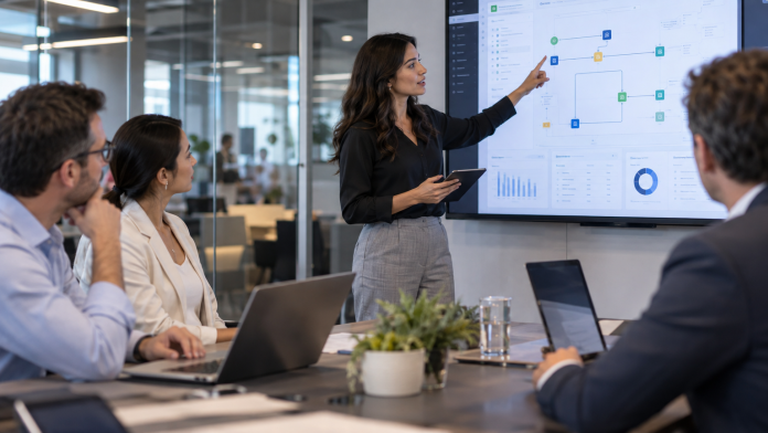 OpenAI y ServiceNow amplían su alianza para conectar agentes de IA con flujos empresariales Equipo empresarial revisando un flujo de trabajo con inteligencia artificial, permisos y datos conectados