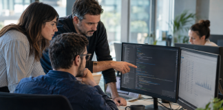 Equipo de marketing y tecnología revisando reglas de gobernanza de contenidos para inteligencia artificial