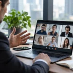 Ejecutiva comercial coordinando una videollamada con un prospecto desde WhatsApp y un calendario digital