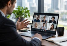 WhatsApp habilita llamadas con invitados y prepara integración con Google y Outlook: implicancias para equipos comerciales Ejecutiva comercial coordinando una videollamada con un prospecto desde WhatsApp y un calendario digital