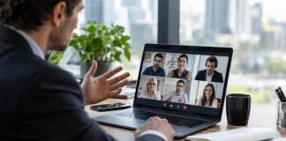 Ejecutiva comercial coordinando una videollamada con un prospecto desde WhatsApp y un calendario digital