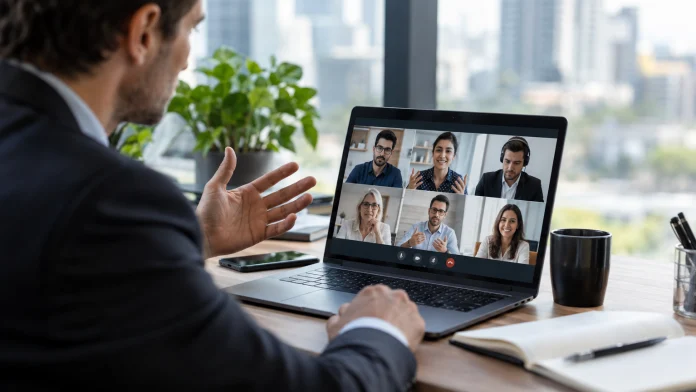 Ejecutiva comercial coordinando una videollamada con un prospecto desde WhatsApp y un calendario digital